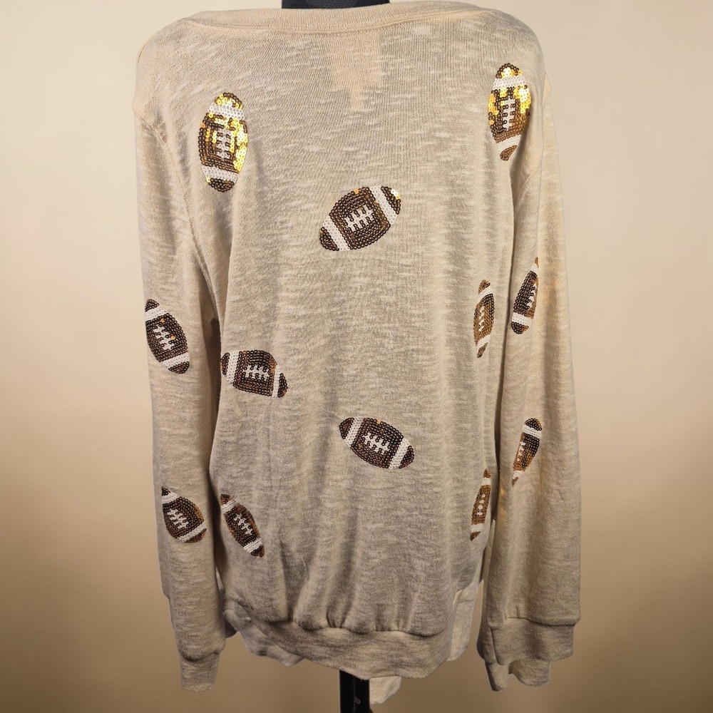 Tru Self Sequin‎ Football Sweatshirt Womens Lg Cream Long Sleeve Casual Cozy Top - Picture 3 of 9